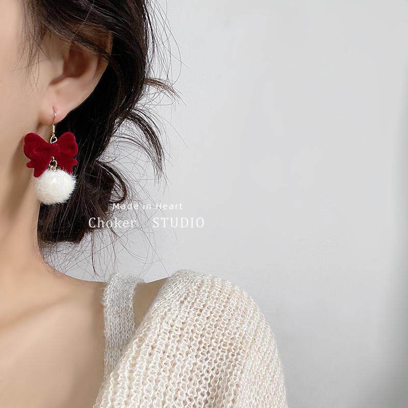 蝴蝶结毛球耳环女酒红色秋冬