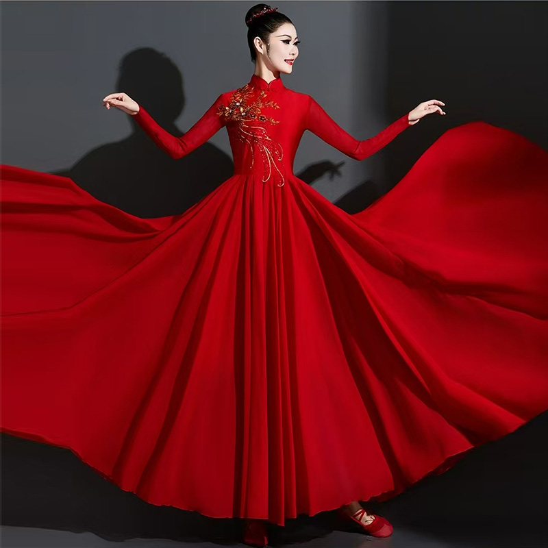 开场舞大摆裙演出服女现代红色720度连衣裙舞蹈表演服装舞台长裙