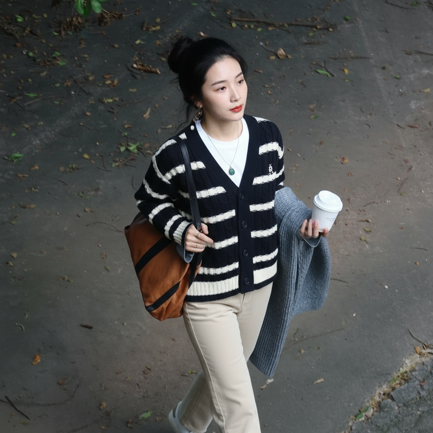 V领黑白条纹针织开衫休闲毛衣女