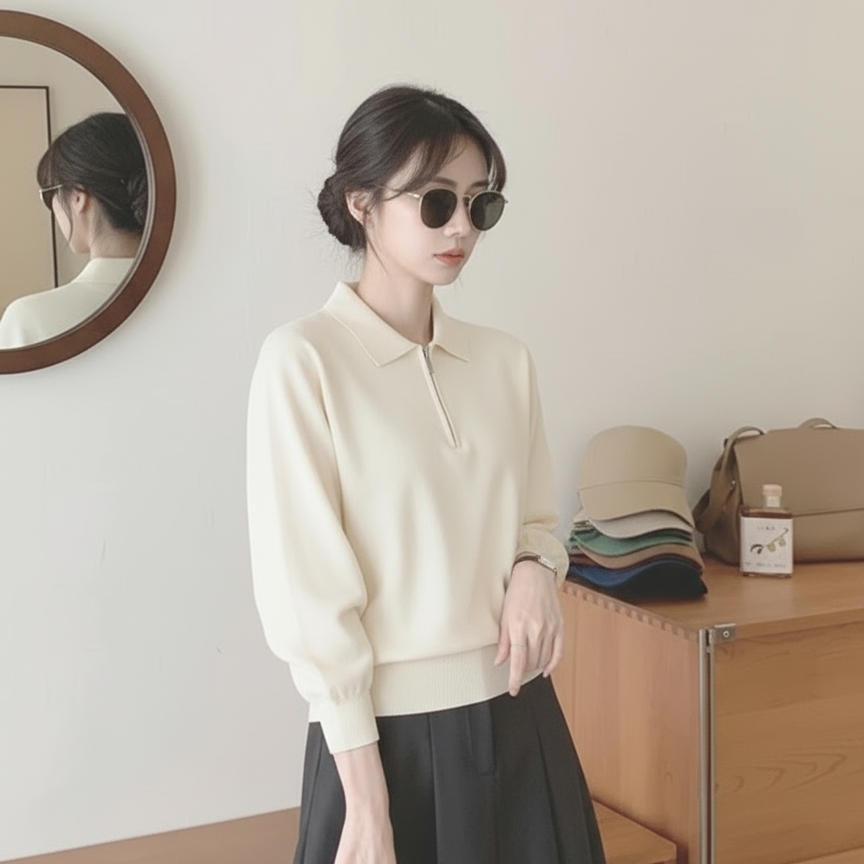 米杏色宽松落肩POLO领长袖卫衣女