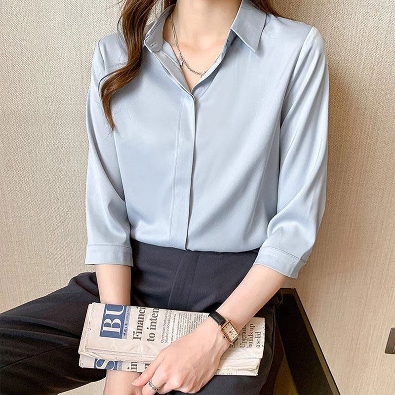 白色女七分袖职业衬衫女2025春夏新款抗皱缎面职业衬衣气质感上衣