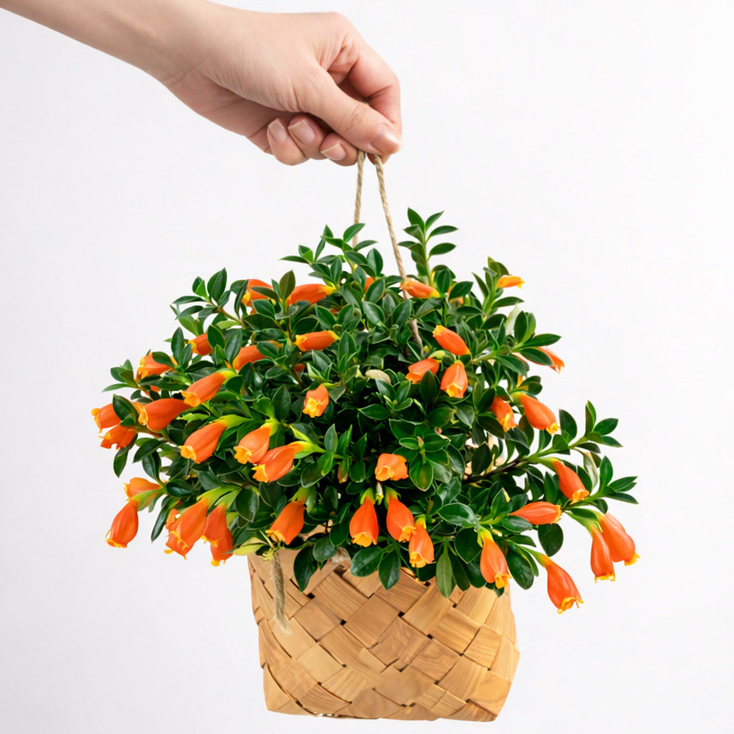 金鱼花壁挂竹编篮常春藤垂吊狼尾蕨盆栽室内悬挂植物墙面装饰绿植