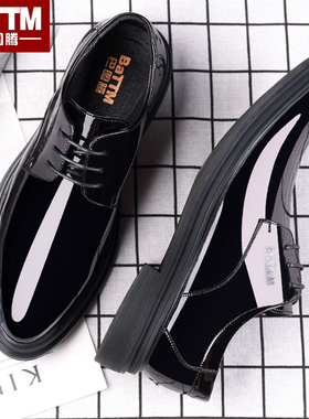 亮面皮鞋男英伦圆头厚底漆皮黑色休闲潮流商务正装真皮鞋子年轻款