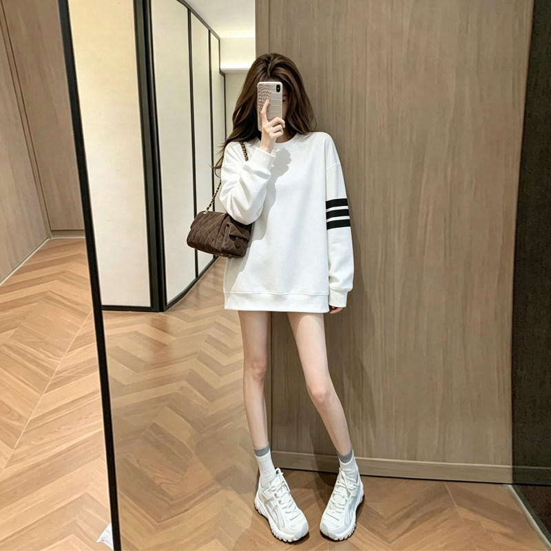 美式休闲白色三条杠宽松卫衣女