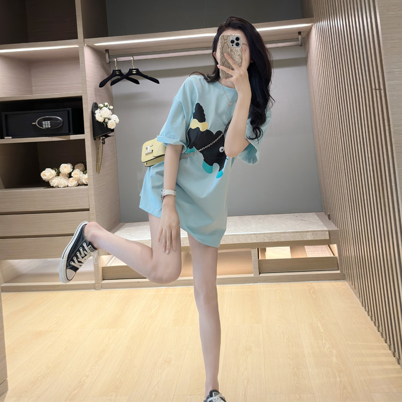 慵懒风蓝色短袖t恤女夏季韩版中长款宽松时尚潮牌遮屁股大版上衣