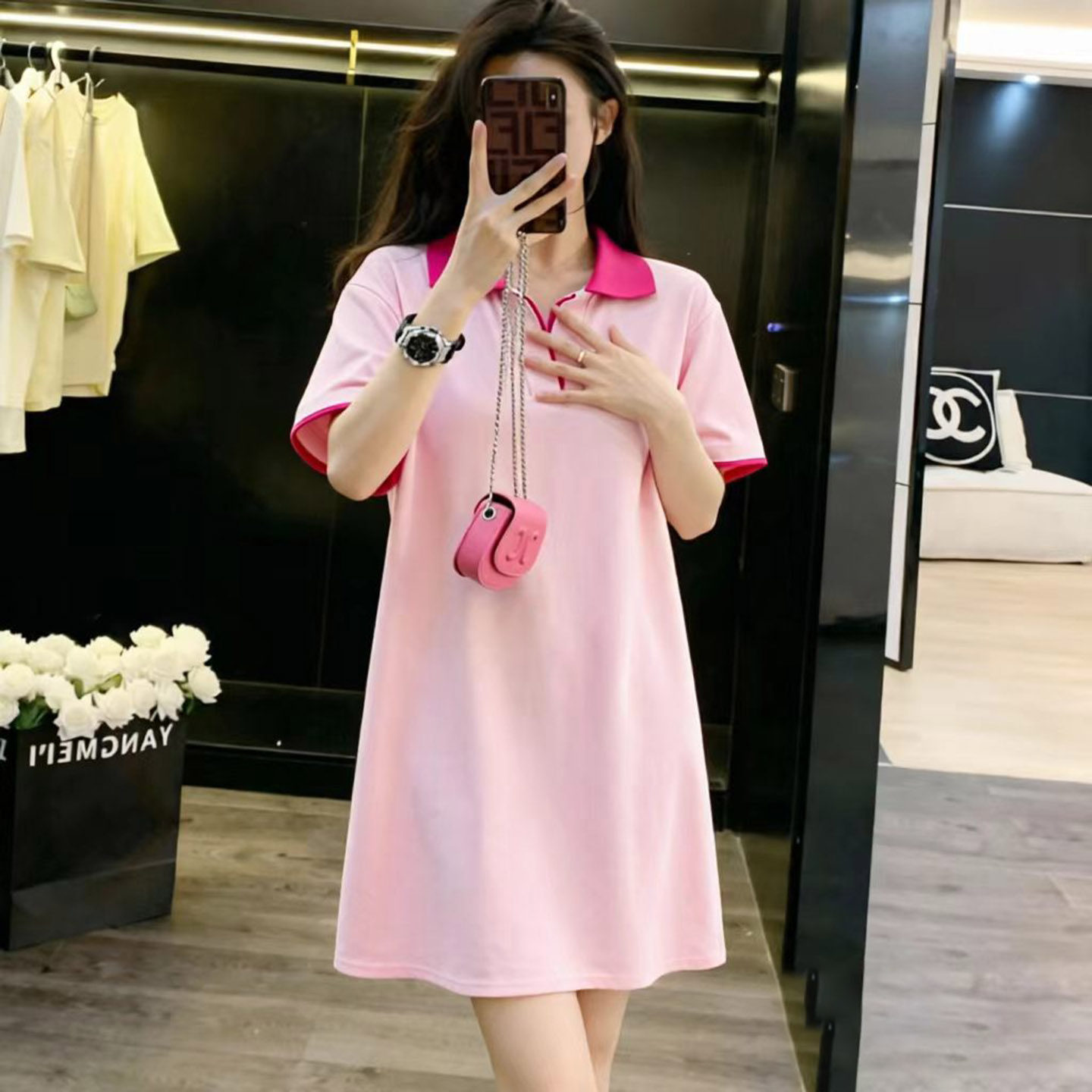 大版中长款T恤粉色短袖上衣女