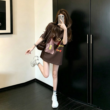网红复古小马全棉短袖T恤女夏气质洋气超火中长款宽松遮屁股上衣