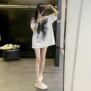 网红白色蝴蝶印花网纱短袖女t恤2026新款纯棉宽松大版中长款上衣