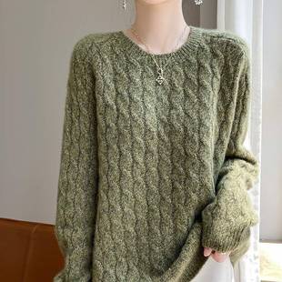 软糯亲肤 女圆领宽松慵懒加厚扭花毛衣 75%山羊绒25%桑蚕丝针织衫