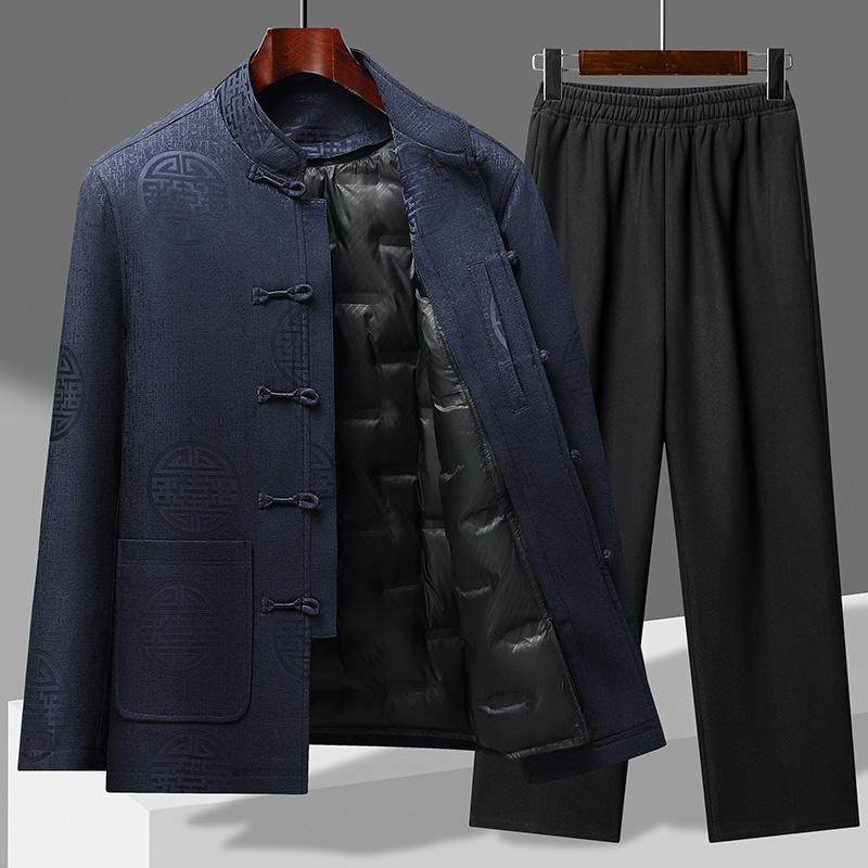 冬季中老年男士加厚中式羽绒服唐装套装大码爸爸装中国风鸭绒外套