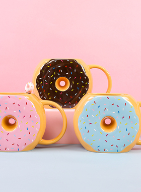 网红甜甜圈水杯可爱少女马克杯马卡龙陶瓷杯家用咖啡杯创意情侣杯