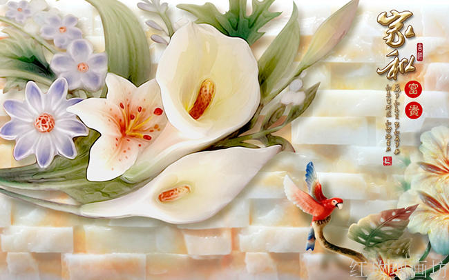 玉雕家和富贵百合小鸟电视背景墙书房客厅无纺布墙纸Y001壁纸壁画