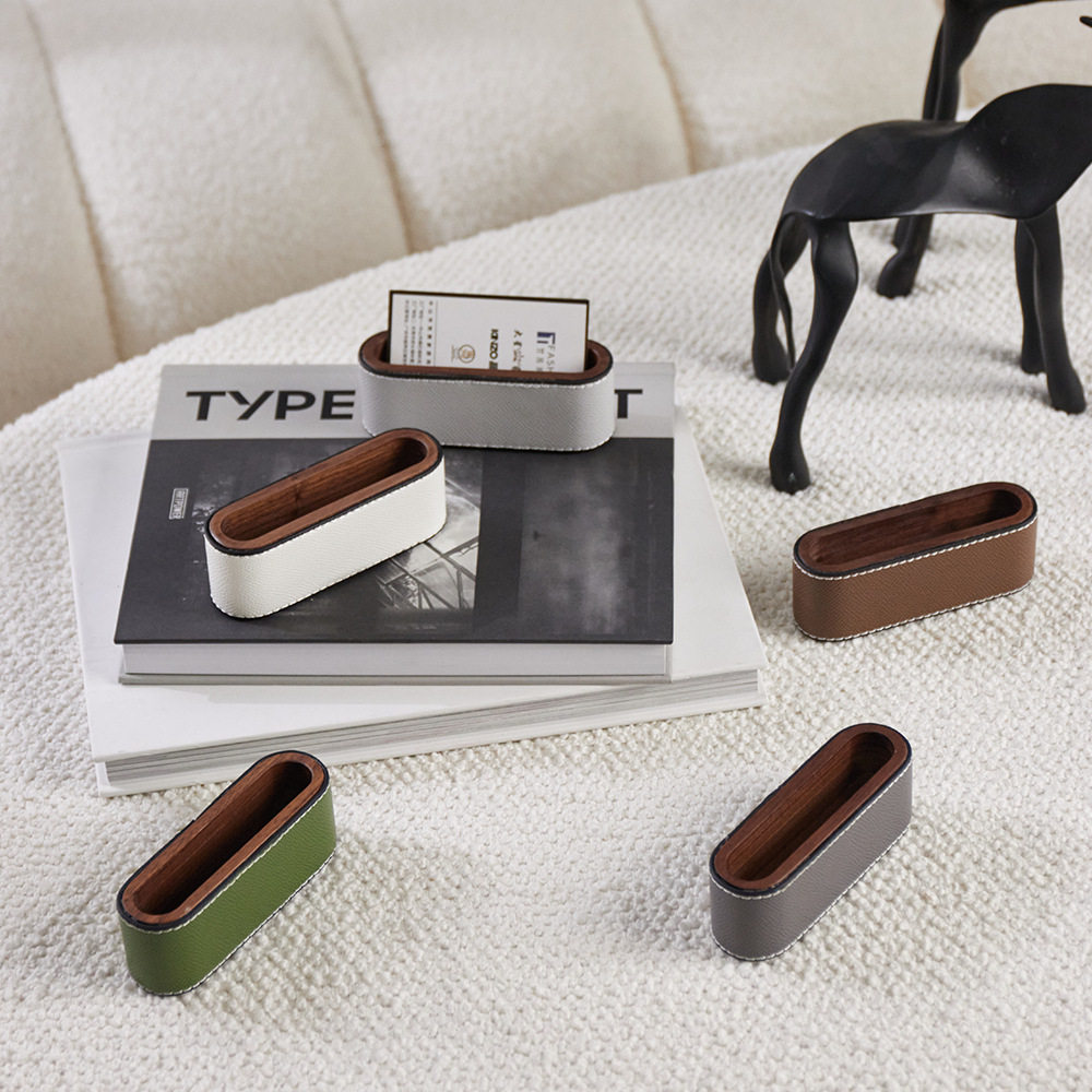 极简办公桌名片夹书房样板间酒店木质皮质简单收纳盒软装摆件搭配