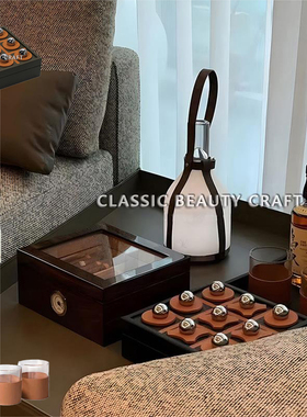 轻奢客厅边几高档酒具棋盘雪茄收纳盒橙色皮革摆件卧室飘窗摆设