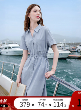 betu百图厅里厅气灰蓝色收腰连衣裙女2025年夏季新款通勤连身裙