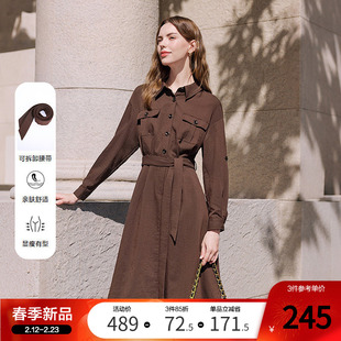 betu百图复古工装风连衣裙2026年春季新款系带收腰裙女士衬衫裙