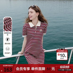 betu百图学院风红白条纹连衣裙女2026年夏季新款短袖polo连身裙