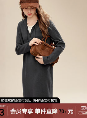 betu百图通勤风假两件连帽针织连衣裙女2026年春秋新款中长裙子