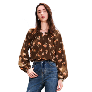 betu百图复古咖啡色碎花衬衫女长袖2026年春季新款灯笼袖雪纺衫