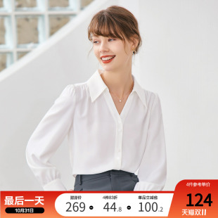 女法式 新款 雪纺衬衣泡泡袖 上衣2024年秋装 v领长袖 betu百图衬衫