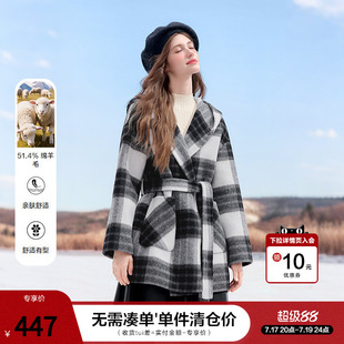 betu百图黑白格羊毛双面呢外套女2025年冬季新款中长款呢子大衣