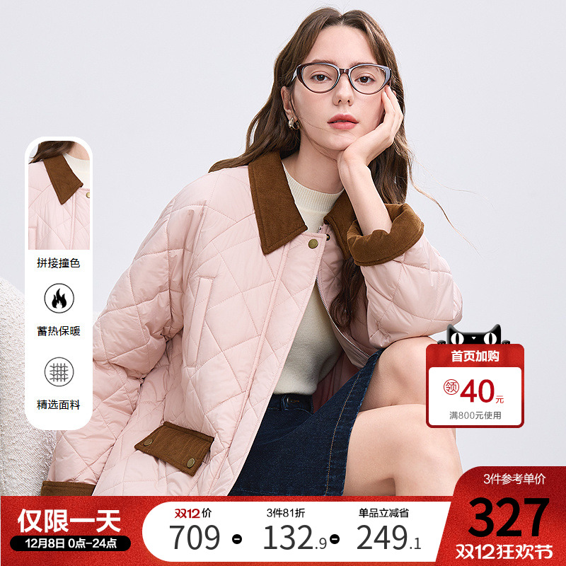 betu百图复古巴恩风菱格棉衣女2025年冬季新款粉红色加厚保暖棉服