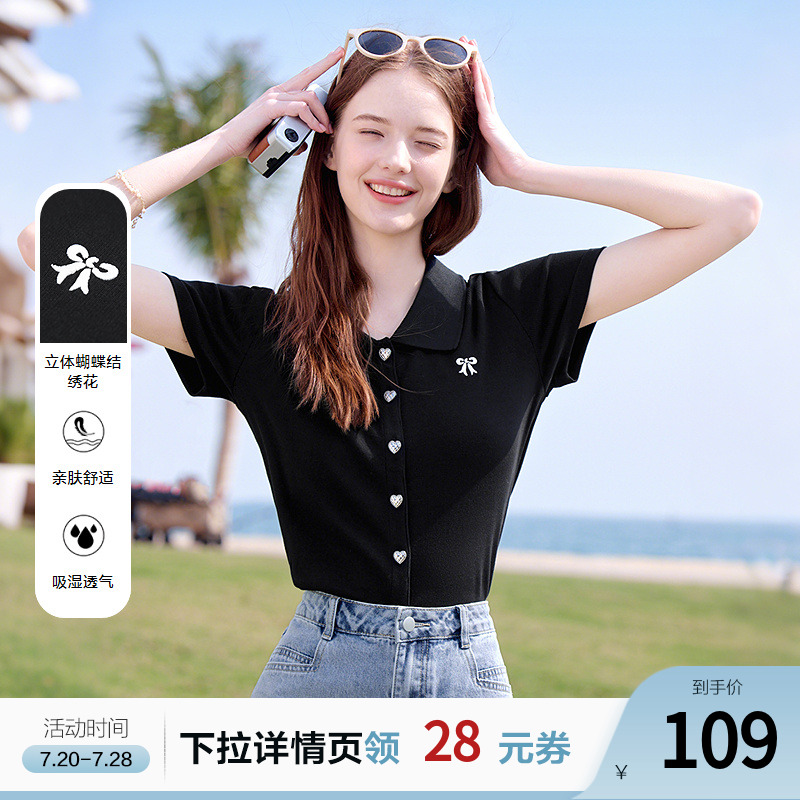 betu百图黑色小香风蝴蝶结Polo领T恤女2025年夏季新款短袖上衣