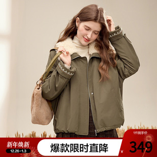 betu百图军绿色拼接毛领加厚棉衣外套女2025年冬季 保暖棉袄 新款