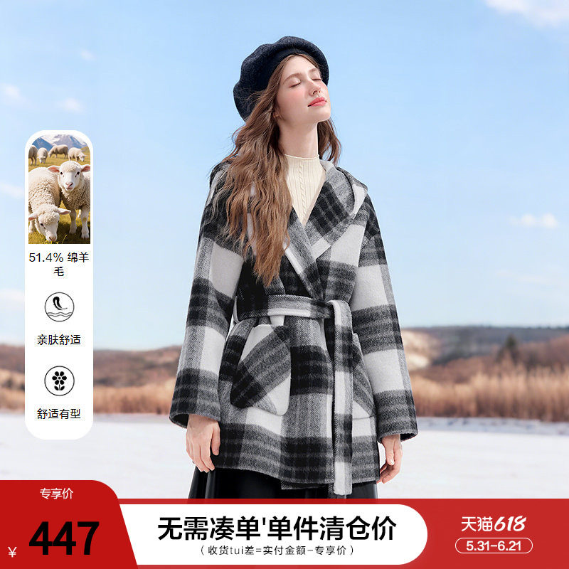 betu百图黑白格羊毛双面呢外套女2025年冬季新款中长款呢子大衣