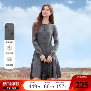 betu百图通勤风灰色收腰针织连衣裙女2026年春季新款减龄中长裙