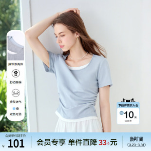 小个子体恤衫 新款 上衣 T恤女2025年夏季 betu百图撞色假两件短袖