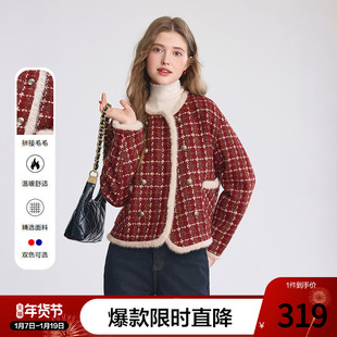 betu百图小香风复古格纹短款外套女2025年冬季新款加厚保暖夹克