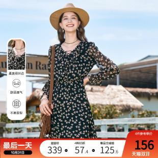 碎花系带复古气质高腰显瘦连衣裙子 新款 betu百图女装 2024年秋装