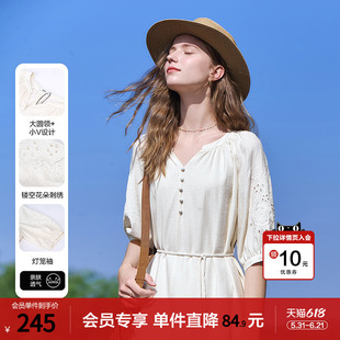 betu百图马德拉刺绣灯笼袖V领连衣裙2026年夏季新款系带收腰裙