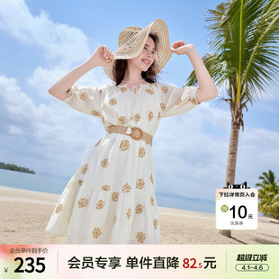 短袖 腰带连身裙 新款 betu百图海岛假日风刺绣连衣裙女2025年夏季