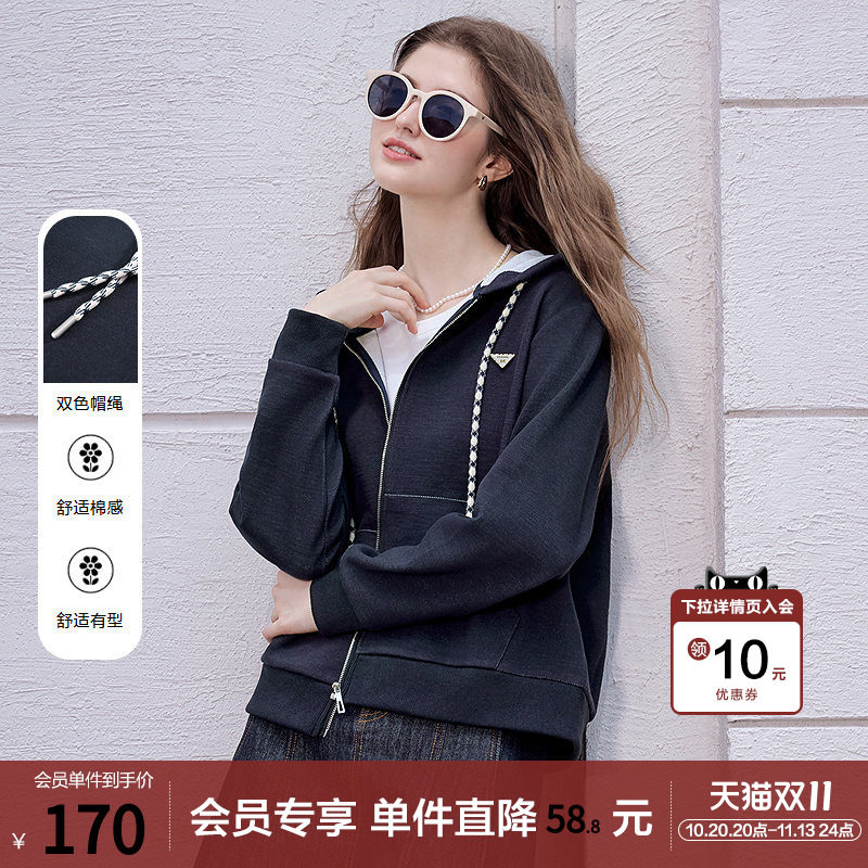 betu百图复古宝蓝色连帽卫衣外套女2026年春秋新款短款拉链夹克