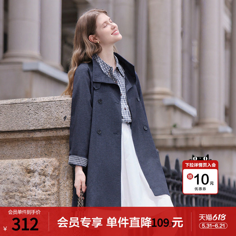 betu百图高级感深蓝色立领风衣外套女2026年春季新款中长款大衣