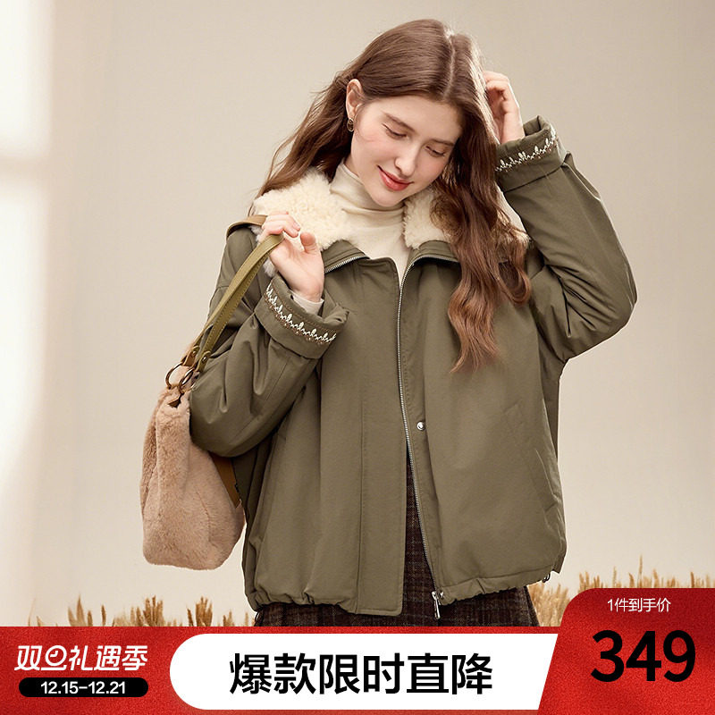 betu百图军绿色拼接毛领加厚棉衣外套女2025年冬季新款保暖棉袄