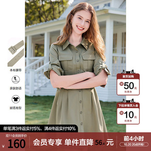 betu百图时尚军绿色工装风连衣裙女2026年春秋新款小个子衬衫裙