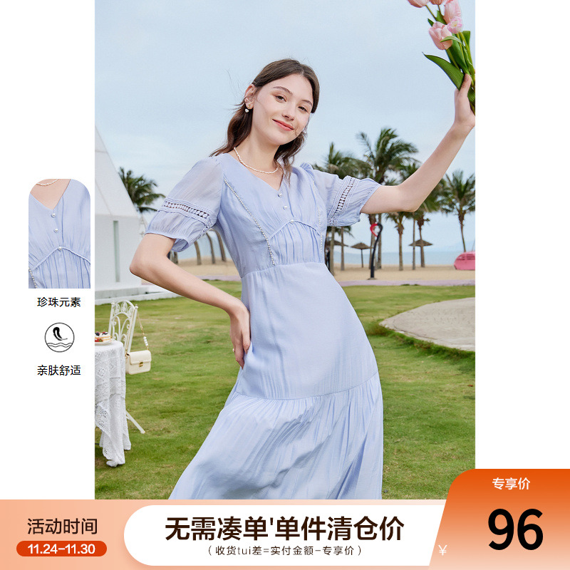 betu百图女装2024年夏季新款灯笼袖高腰V领设计感小众连衣裙子