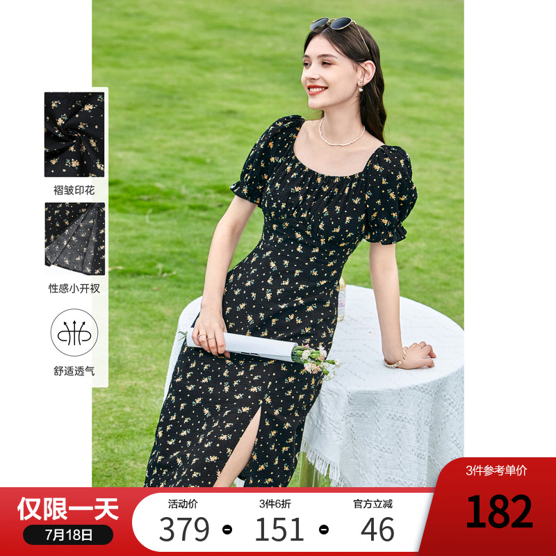 百图碎花方领泡泡袖黑色连衣裙