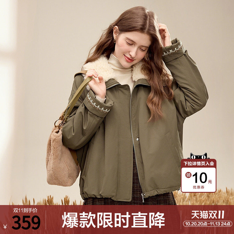 betu百图拼接毛领加厚棉衣外套女2025年冬季新款百搭保暖棉袄棉服