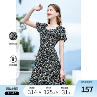 方领短袖 betu百图女装 印花复古修身 2024年夏季 黑色连衣裙子 新款