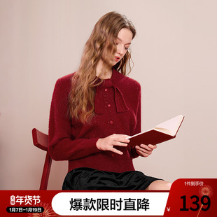 betu百图新年氛围感红色毛衣女2025年冬季新款系带蝴蝶结减龄毛衫