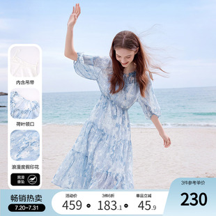 新款 betu百图度假风海边印花连衣裙女2025年夏季 飘逸垂感雪纺裙