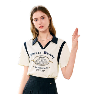 betu百图美式复古字母T恤女短袖2025年夏季新款Polo领上衣小衫