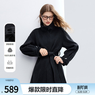 betu百图黑色立领纯羊毛呢子大衣女2025年冬季 双面呢外套 新款