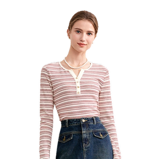 betu百图小V领红白条纹T恤女2025年秋季新款长袖修身打底衫上衣