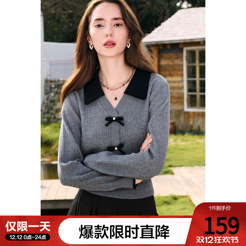 betu百图法式小香风蝴蝶结V领针织衫女2025年秋季新款短款毛衣