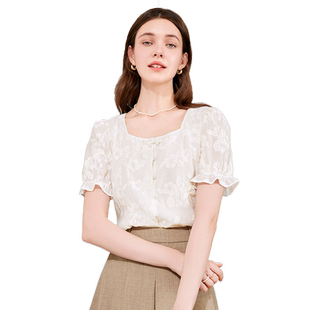 betu百图女装2025年夏季新款方领刺绣暗花衬衫女短袖衬衣小个子